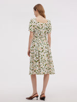 Acetate Blend Floral Print Women V-Neck Midi Dress With Belt GOELIA