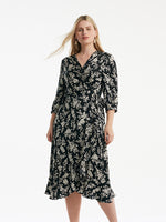 Camellia Printed V-Neck Ruffle Hem Women Midi Wrap Dress GOELIA