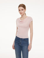 Tencel Mulberry Silk Cowl Neck Women Cap Sleeve Knit Top GOELIA