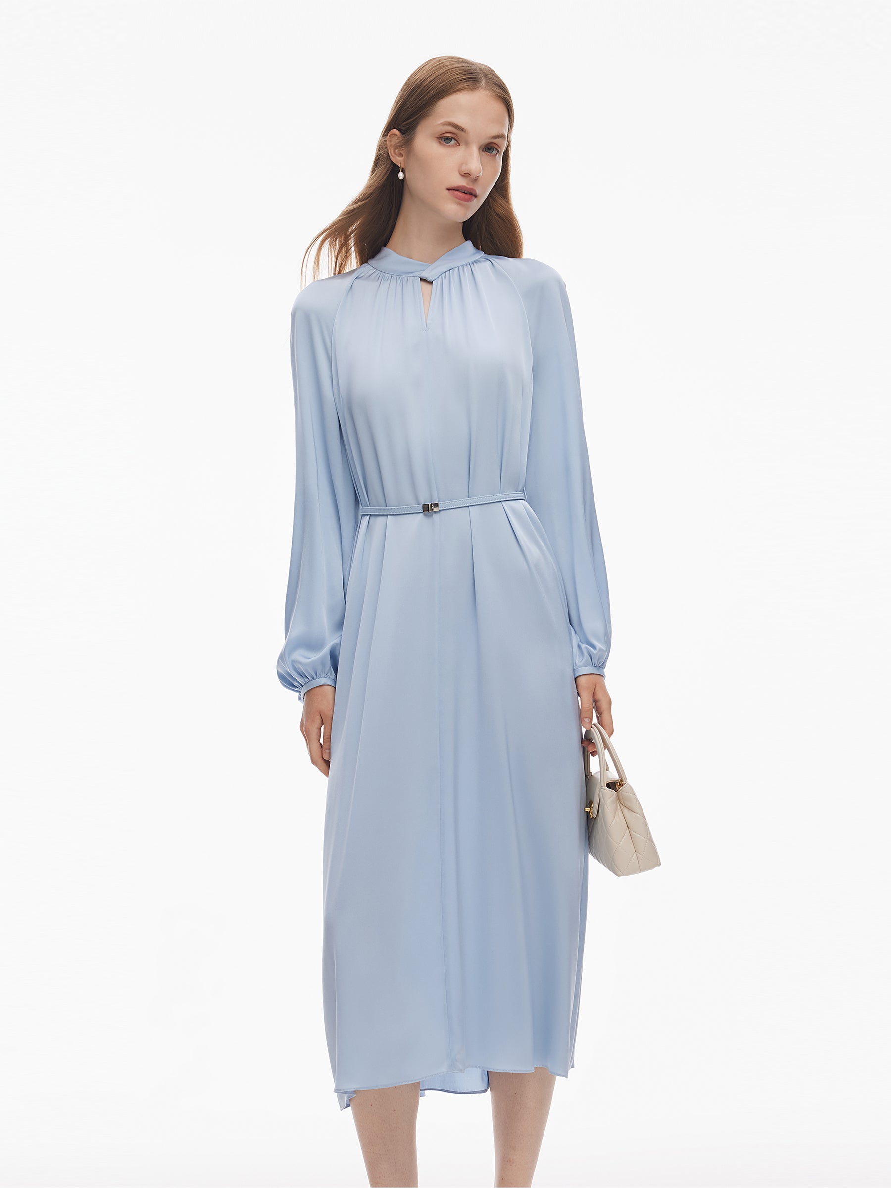 22MM Mulberry Silk Women Long Sleeve Maxi Dress With Belt GOELIA
