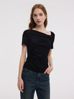 Acetate Blend Asymmetric Neckline Women T-Shirt GOELIA
