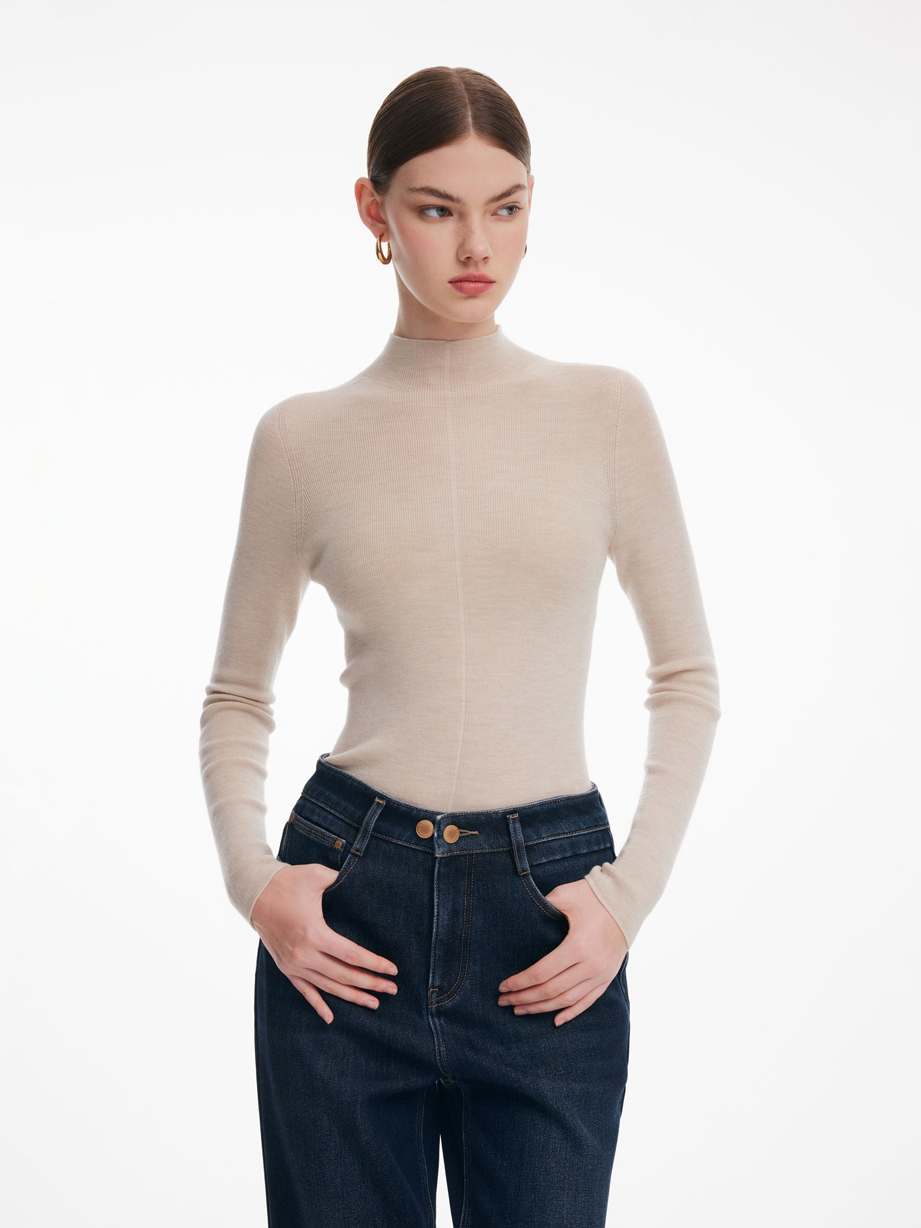 [Preview] 100% Wool Seamless Mock Neck Women Knit Top GOELIA