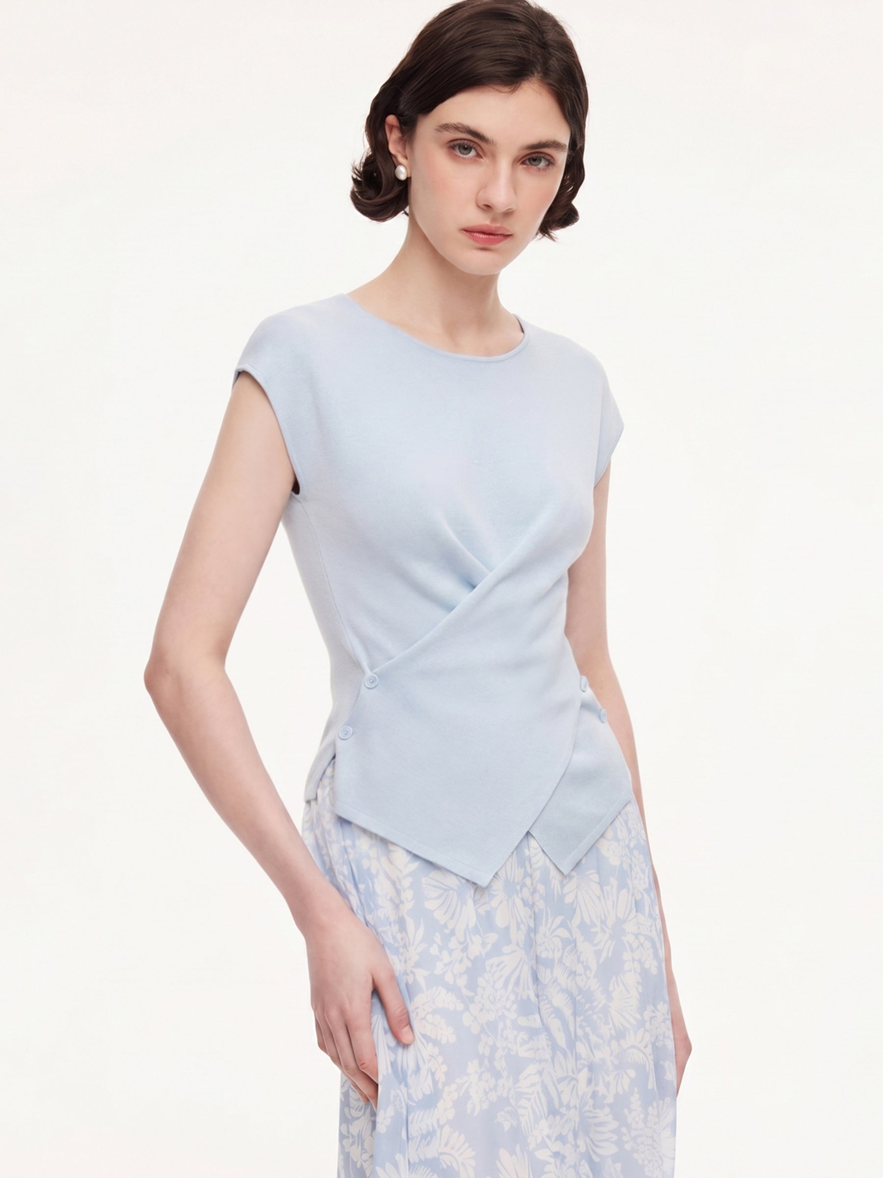 Triacetate Lyocell Blend Asymmetric Wrap Front Women Knit Top GOELIA