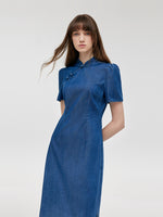 Gradient Denim Women Qipao Midi Dress GOELIA