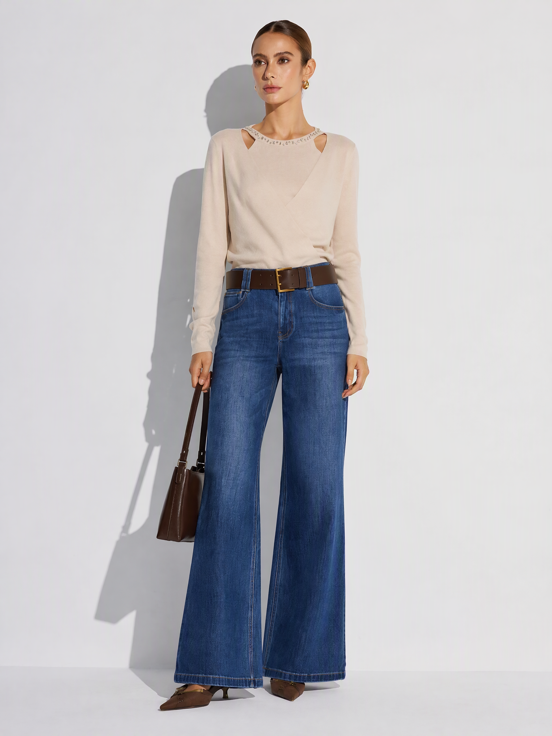 Tencel Wool Blend Beaded Neck Women Cut-Out Wrap Knit Top GOELIA