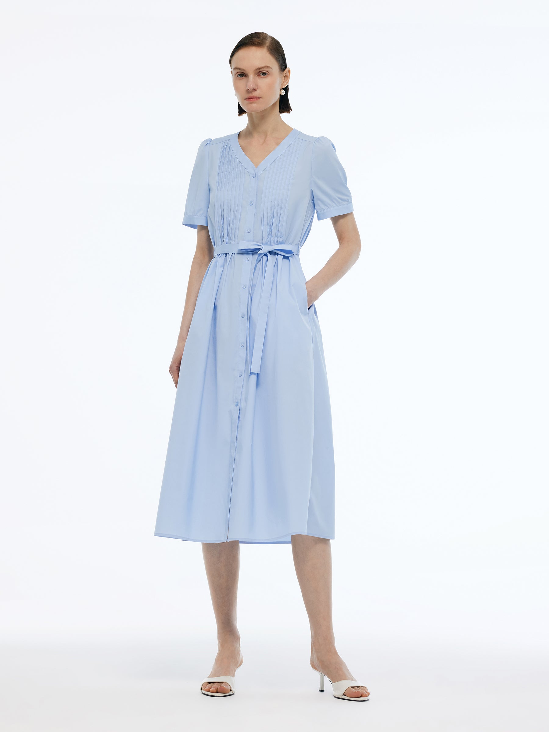 V-Neck Pleat Front Women A-Line Tie Belt Midi Dress GOELIA