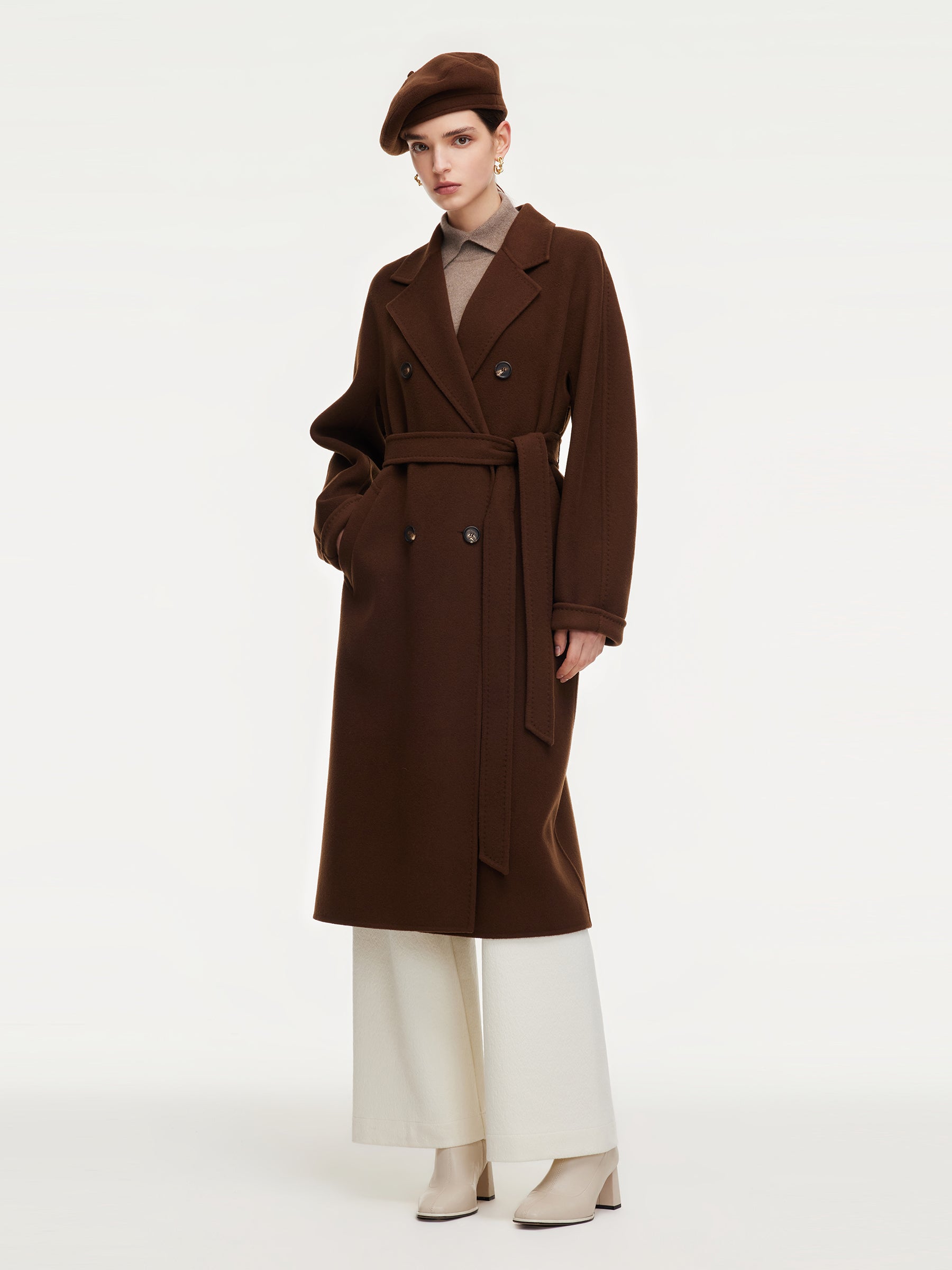 [Preview] Cashmere Wool Blend Unisex Self-Tie Belt Overcoat With Beret GOELIA