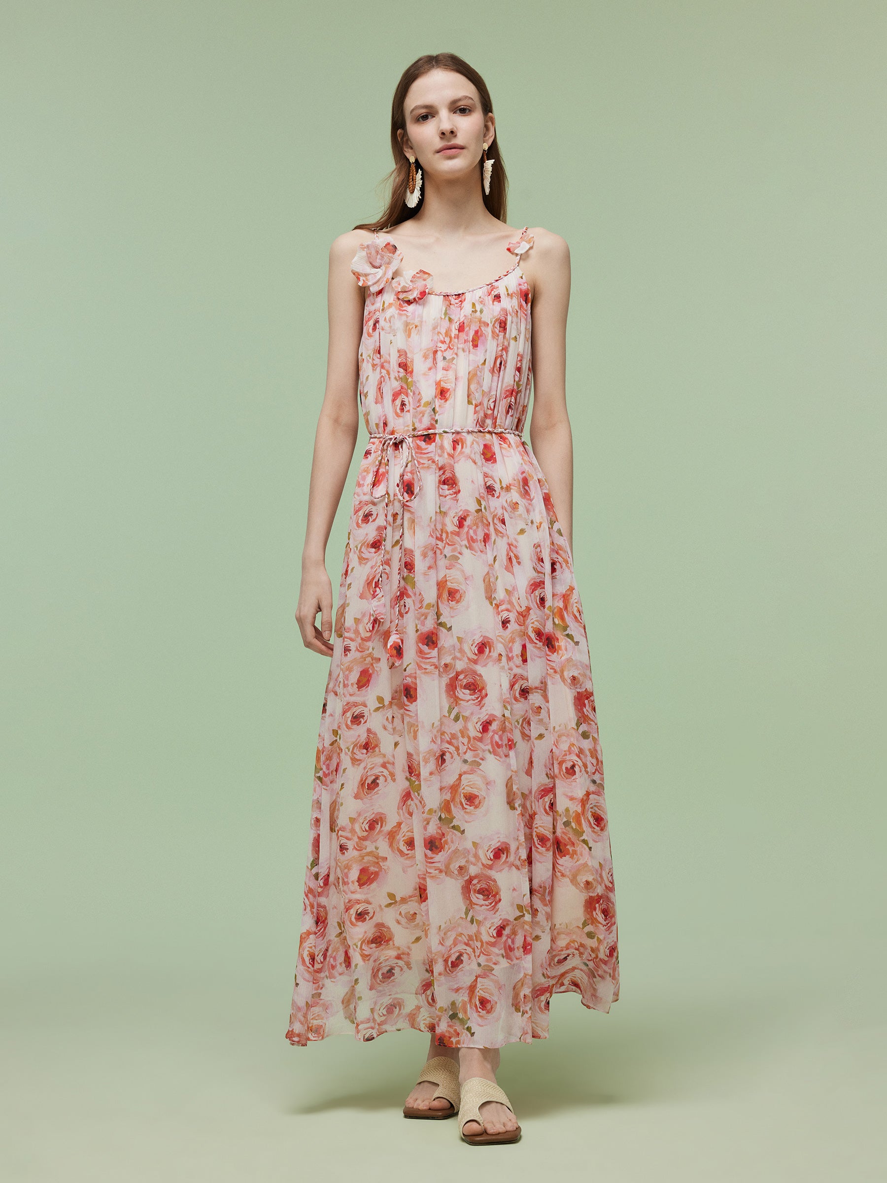 10MM Mulberry Silk Rose Print Women Strap Maxi Dress GOELIA
