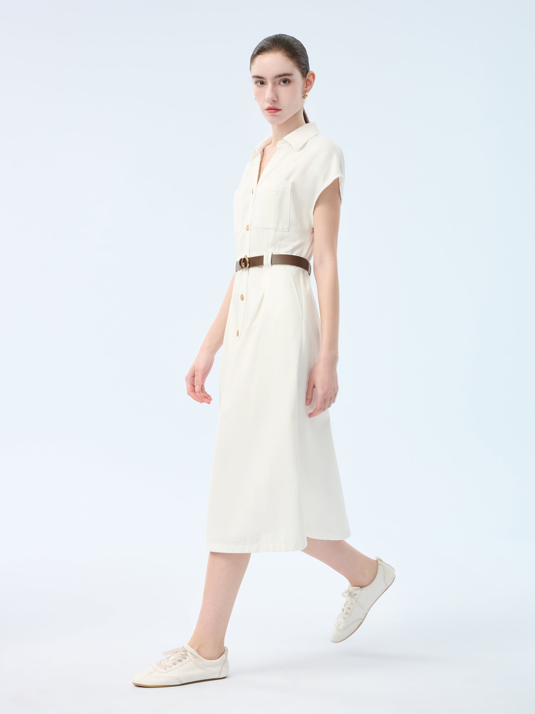 [Preview] Lyocell Cotton Blend Denim Women V-Neck Maxi Shirt Dress With Belt GOELIA