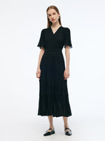 Pleated V-Neck Women A-Line Tie Belt Maxi Dress GOELIA