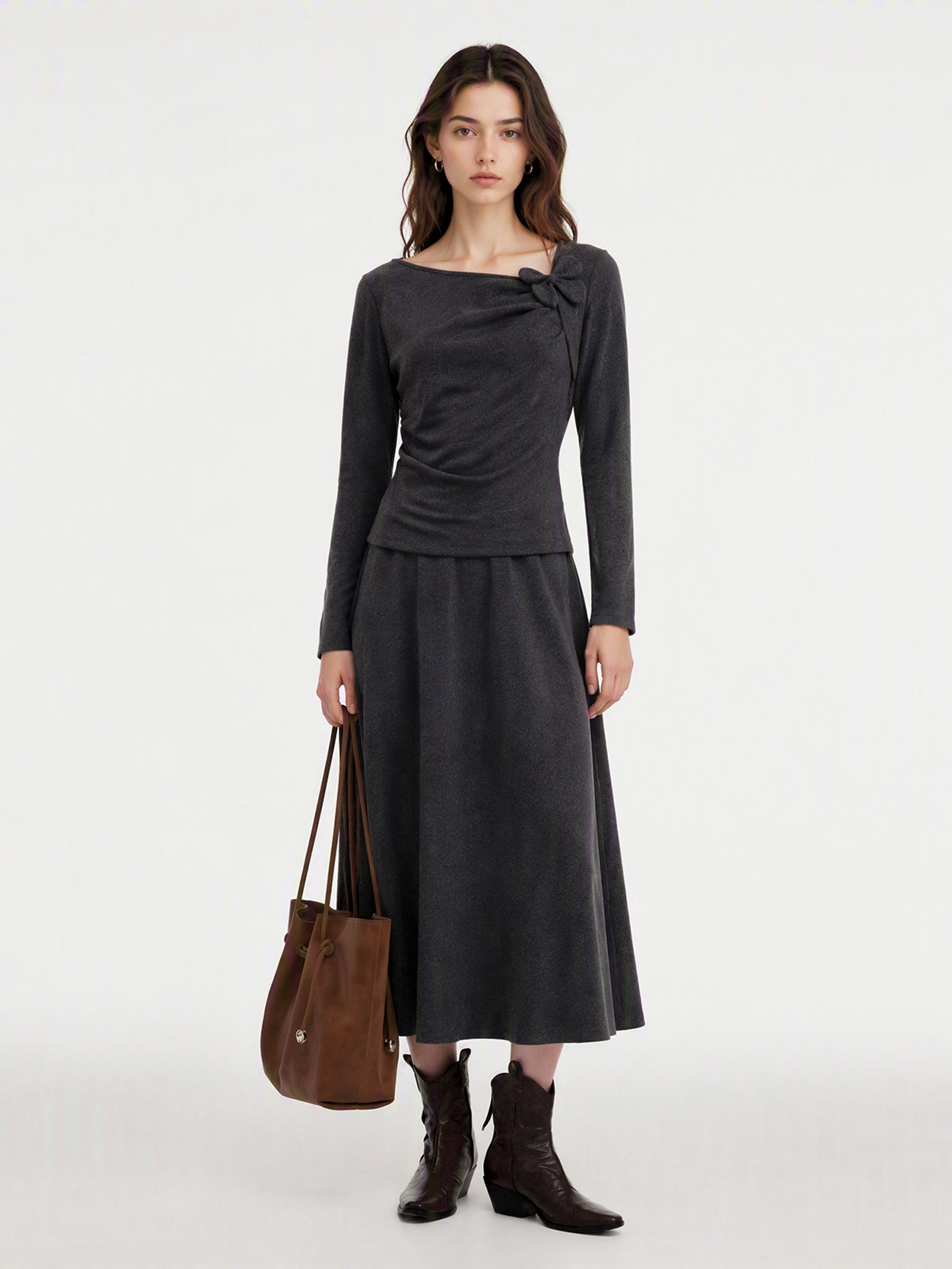 Asymmetric Bow Ruched Knit Top And Skirt Two-Piece Set GOELIA