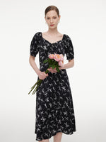 [Preview] Ribbon Print Puff Sleeve Women Midi Dress GOELIA