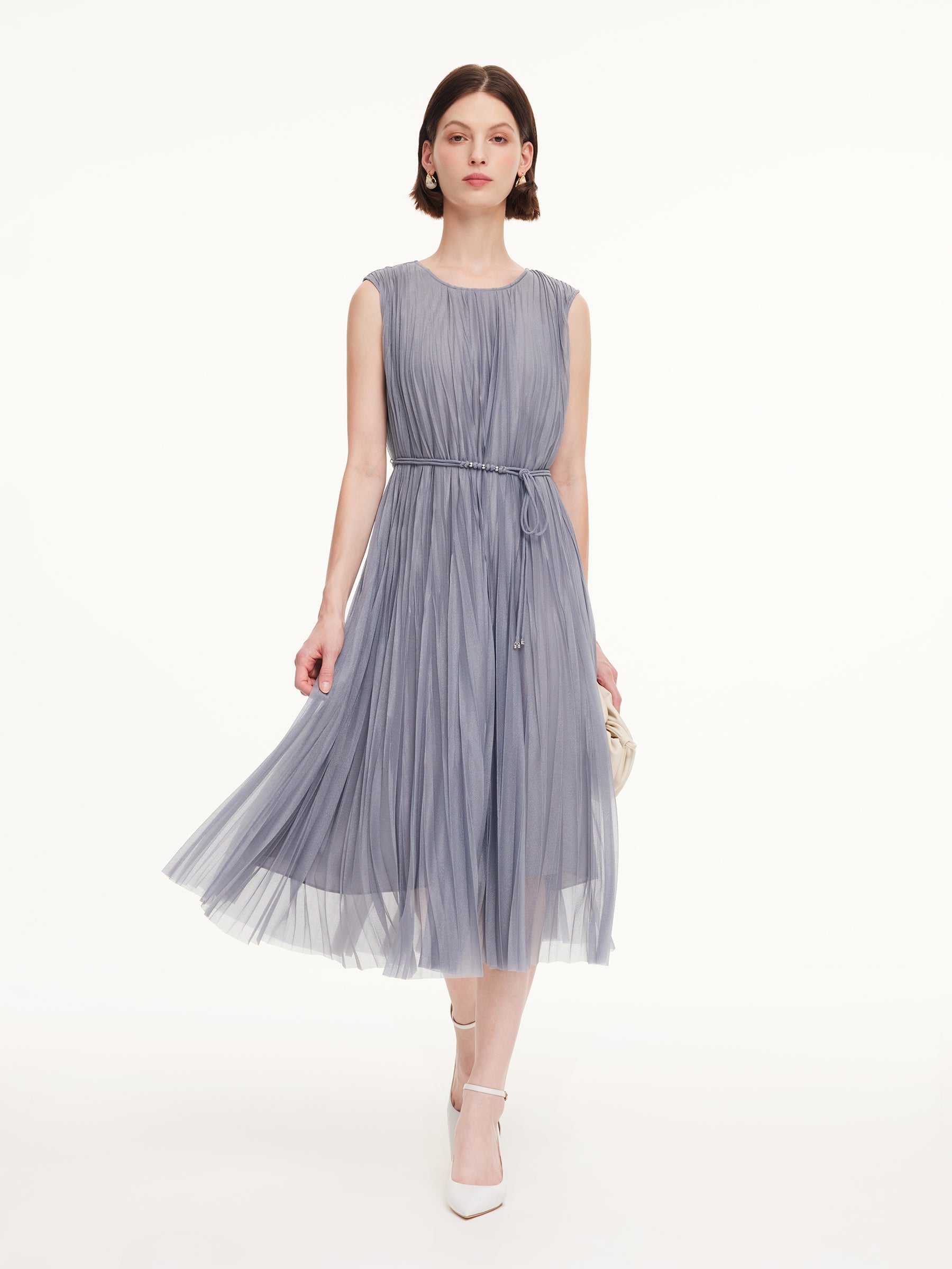 One-Size Flexible-Fit Pleated Sleeveless Women Belted Maxi Dress GOELIA