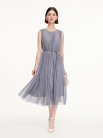 One-Size Flexible-Fit Pleated Sleeveless Women Belted Maxi Dress GOELIA