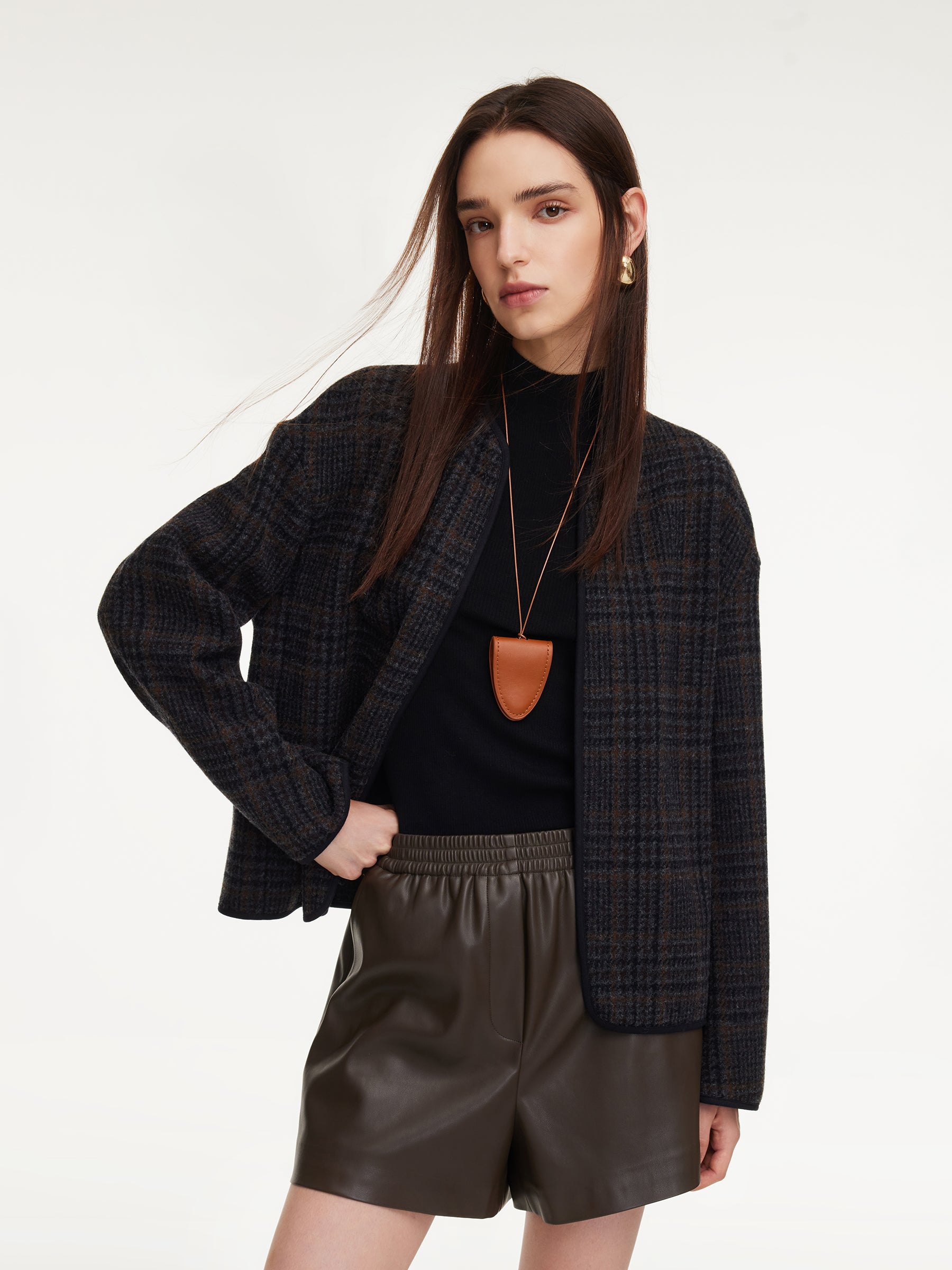 [Preview] 100% Wool Plaid Round Neck Women Jacket GOELIA