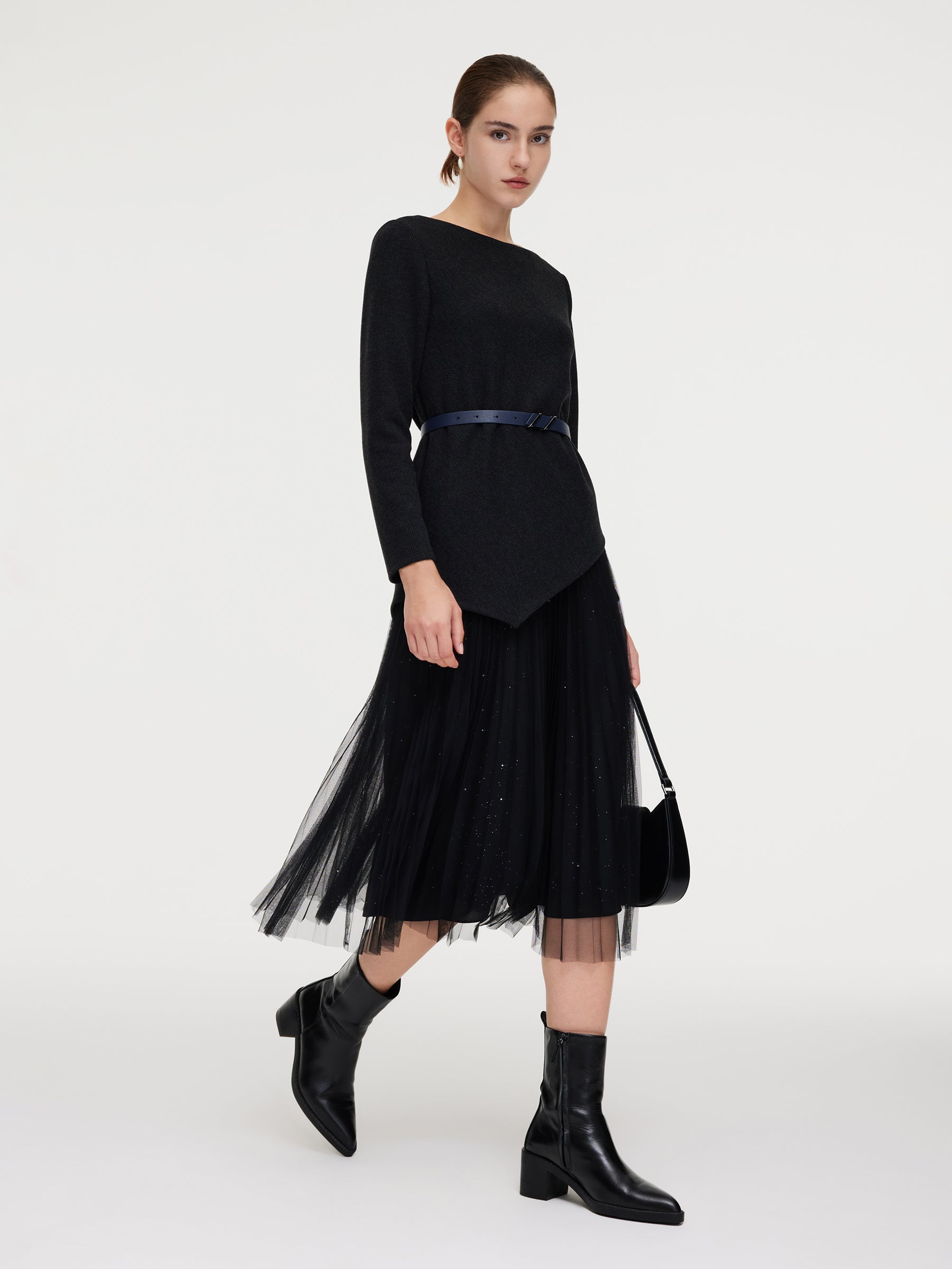 Asymmetrical Hem Top And Mesh Skirt Two-Piece Set With Belt GOELIA