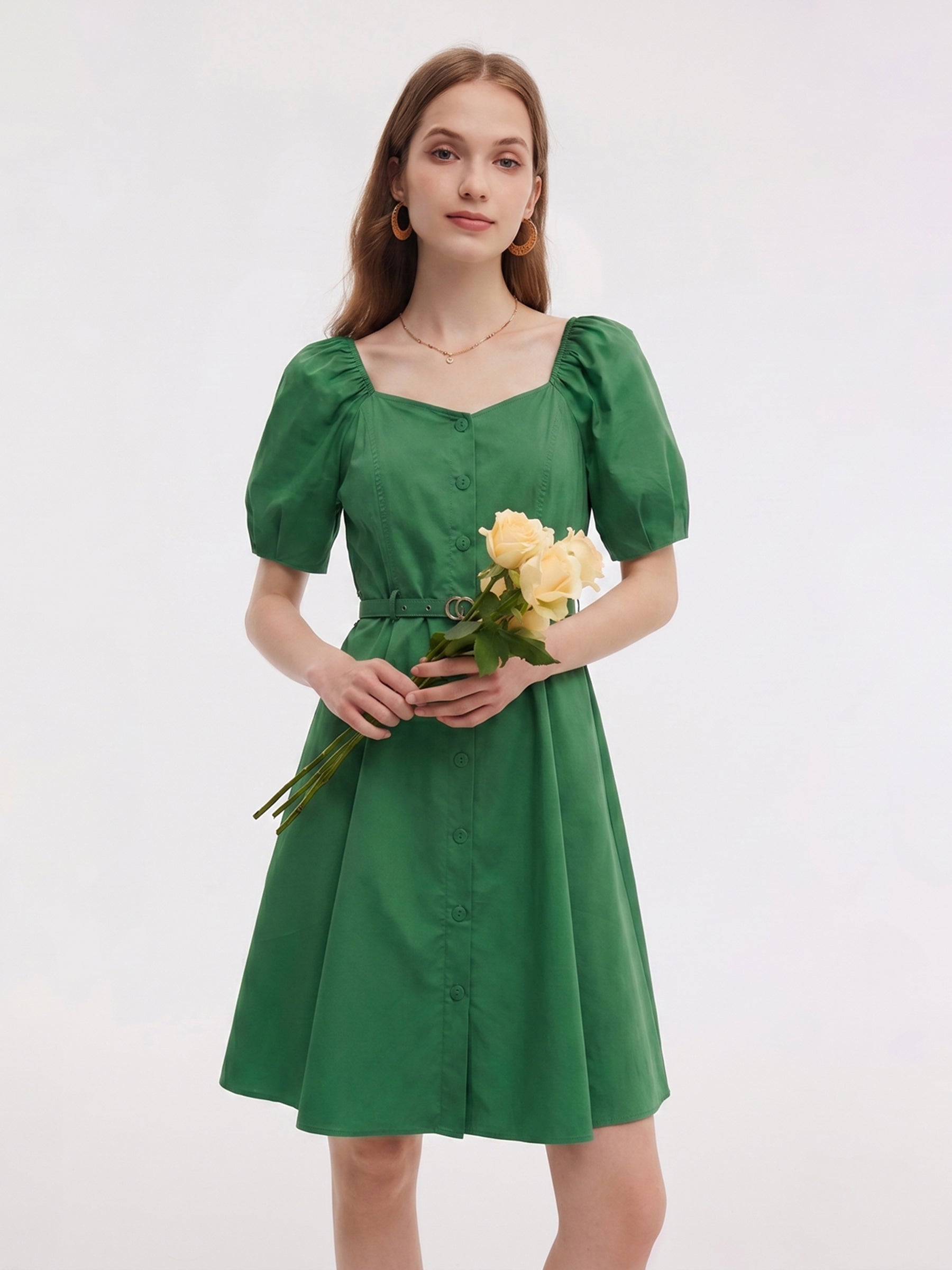 [Preview] Cotton Blend Square Neck Women Belted Midi Dress GOELIA