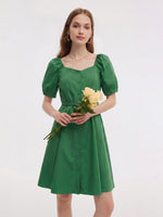 [Preview] Cotton Blend Square Neck Women Belted Midi Dress GOELIA
