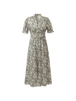 Floral Printed V-Neck Puff Sleeves Women Midi Dress GOELIA