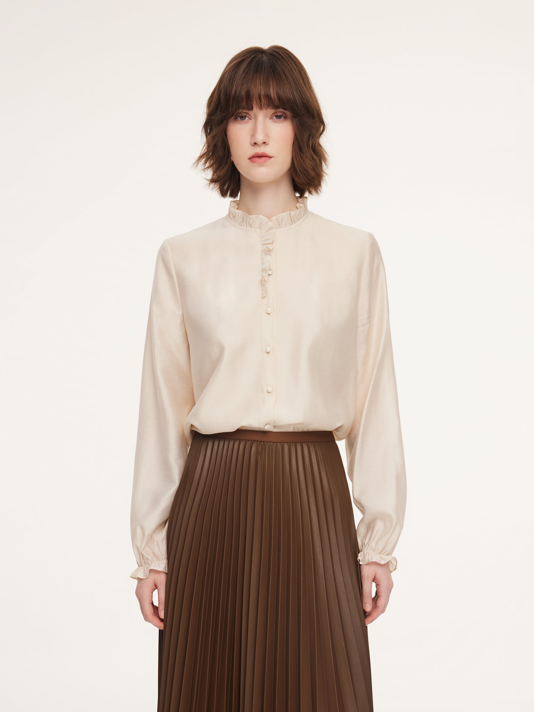 Acetate Modal Blend Ruffle Neck Women Shirt GOELIA