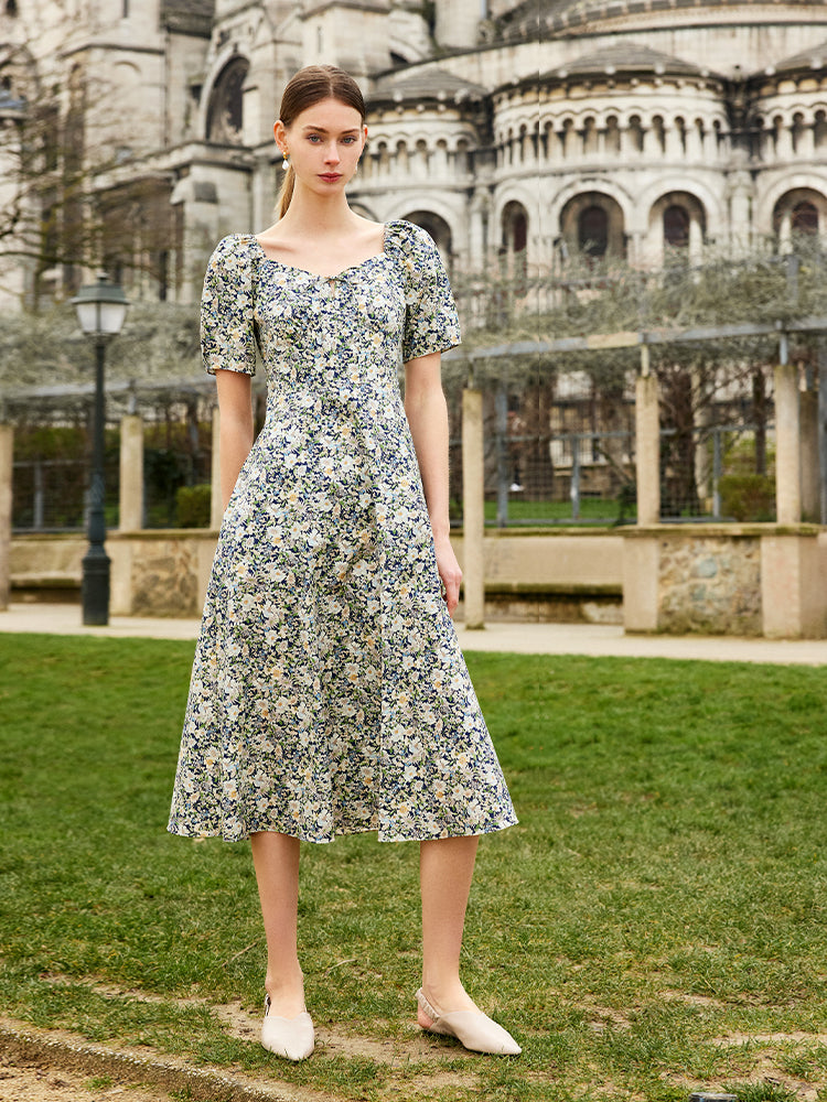 Floral Printed Square Neck Women Midi Dress GOELIA