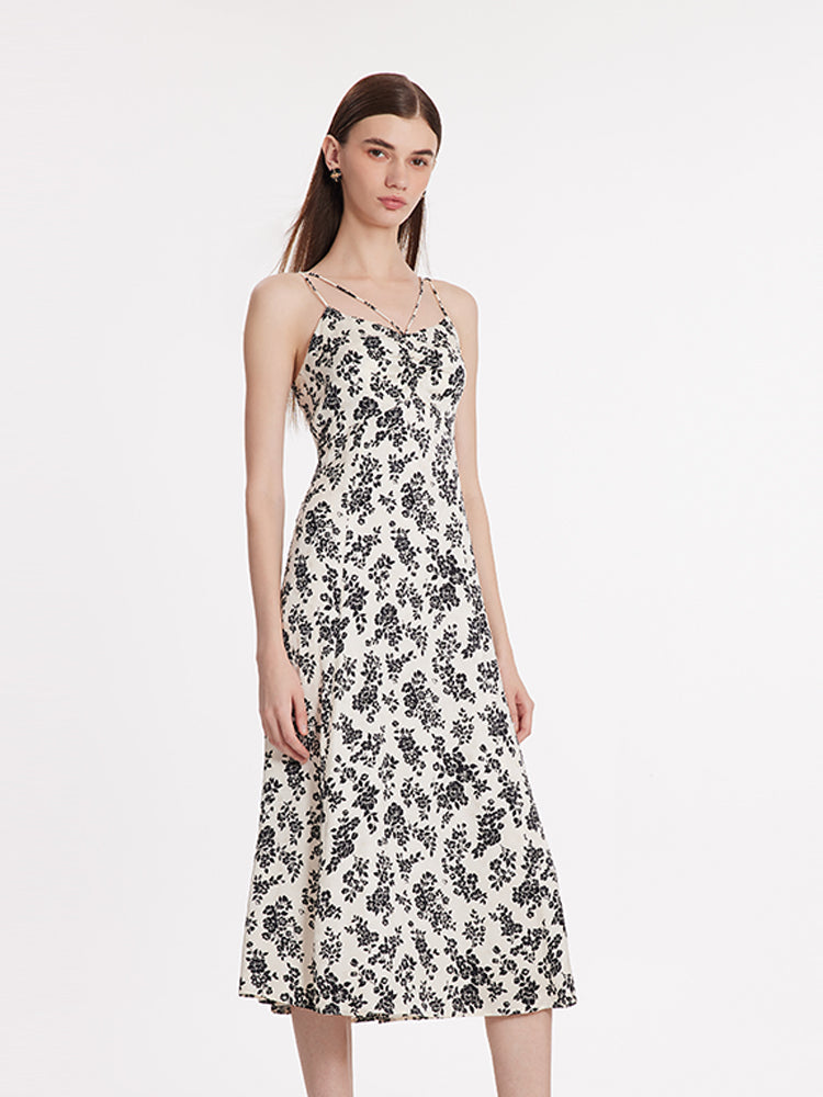 Camellia Print Spaghetti Strap Women Midi Dress GOELIA