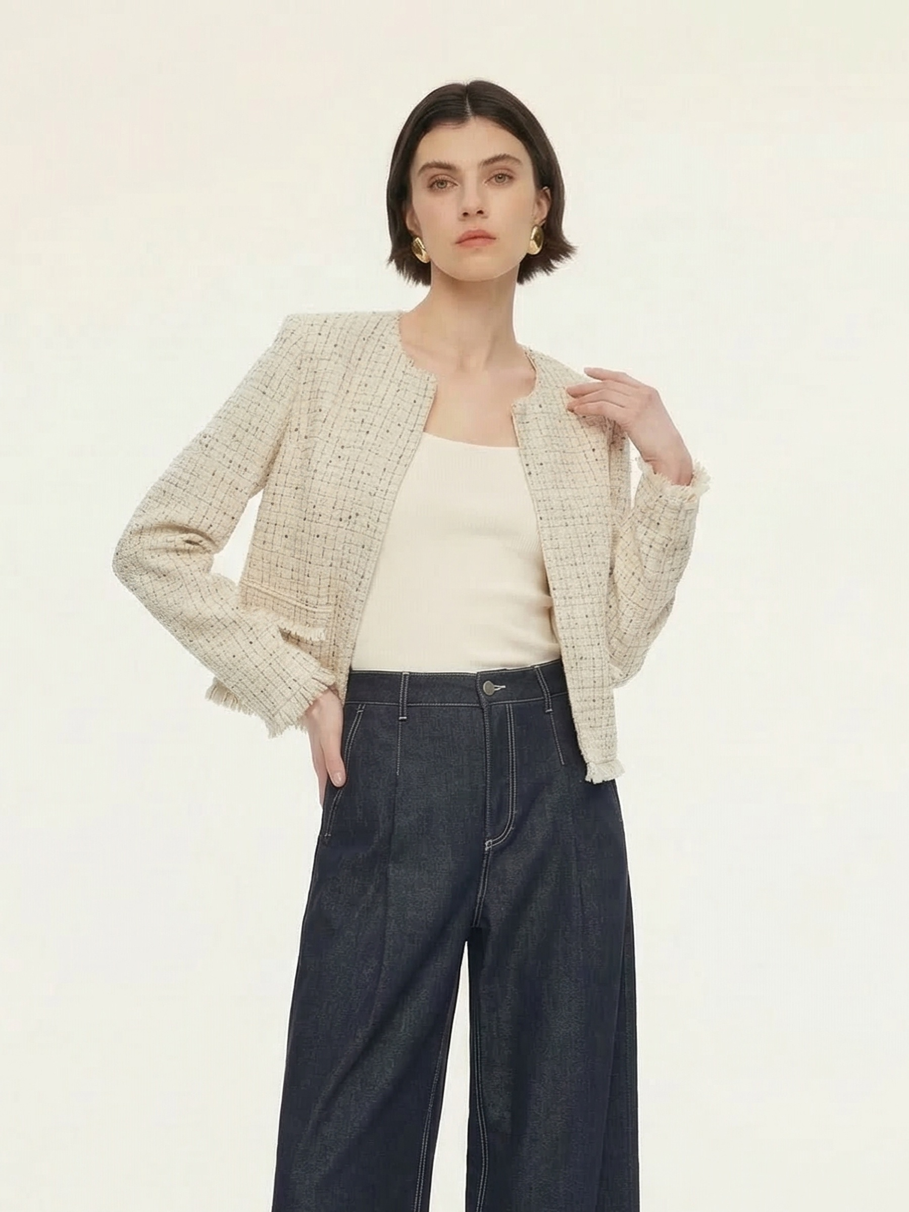 Wool Blend Tweed Frayed Hem Women Jacket GOELIA