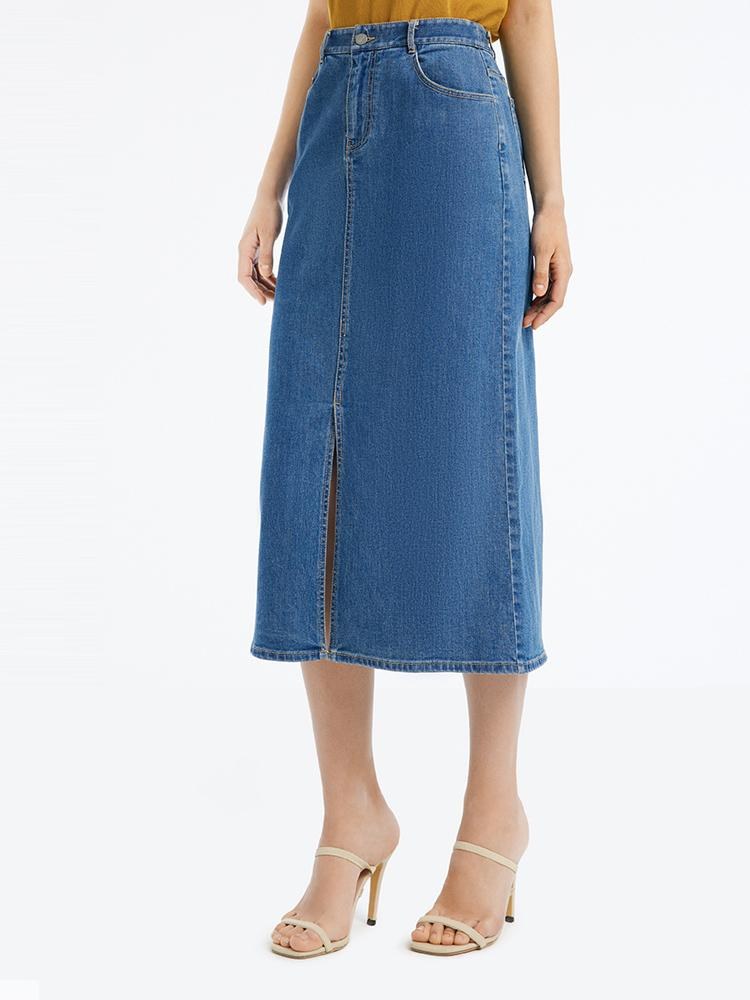 Slit Washed Denim Half Women Skirt GOELIA