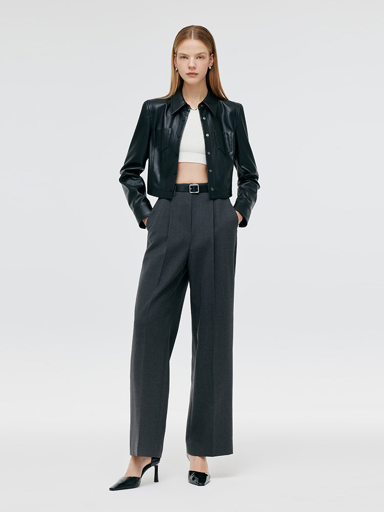 Worsted Wool Women Wide Leg Pants With Leather Belt GOELIA