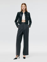 Worsted Wool Women Wide Leg Pants With Leather Belt GOELIA