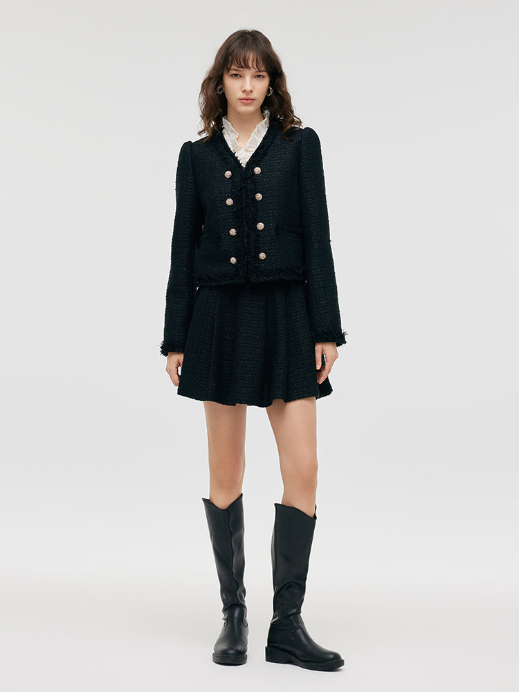 Tweed Fringe V-Neck Women Crop Jacket GOELIA