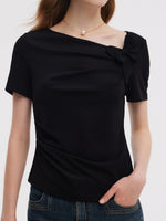 Acetate Blend Asymmetric Neckline Women T-Shirt GOELIA