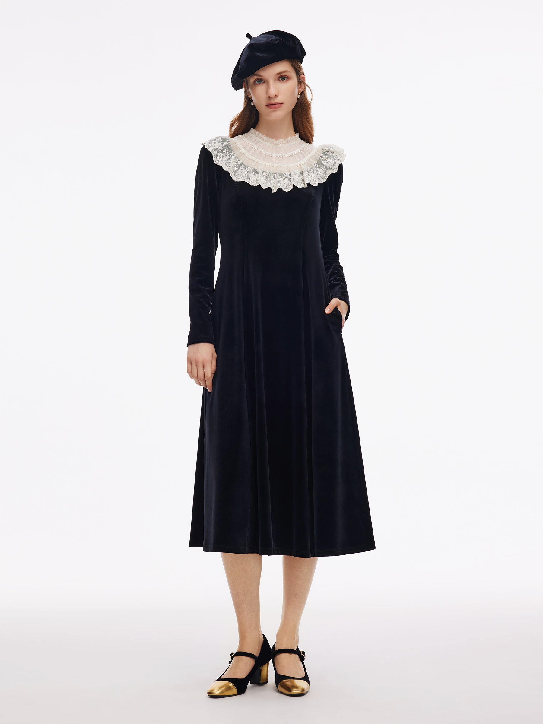 Velvet Sheer Lace Collar Women Midi Dress With Beret GOELIA