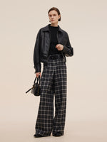 Plaid Loose Wide Leg Women Pants With Leather Belt GOELIA