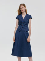 Denim V-Neck Top And Midi Skirt Two-Piece Set GOELIA