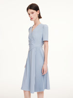 V-Neck Asymmetric Pleated Women Midi Dress GOELIA