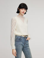 Tencel Wool Blend Lace Patchwork Women Knit Top GOELIA