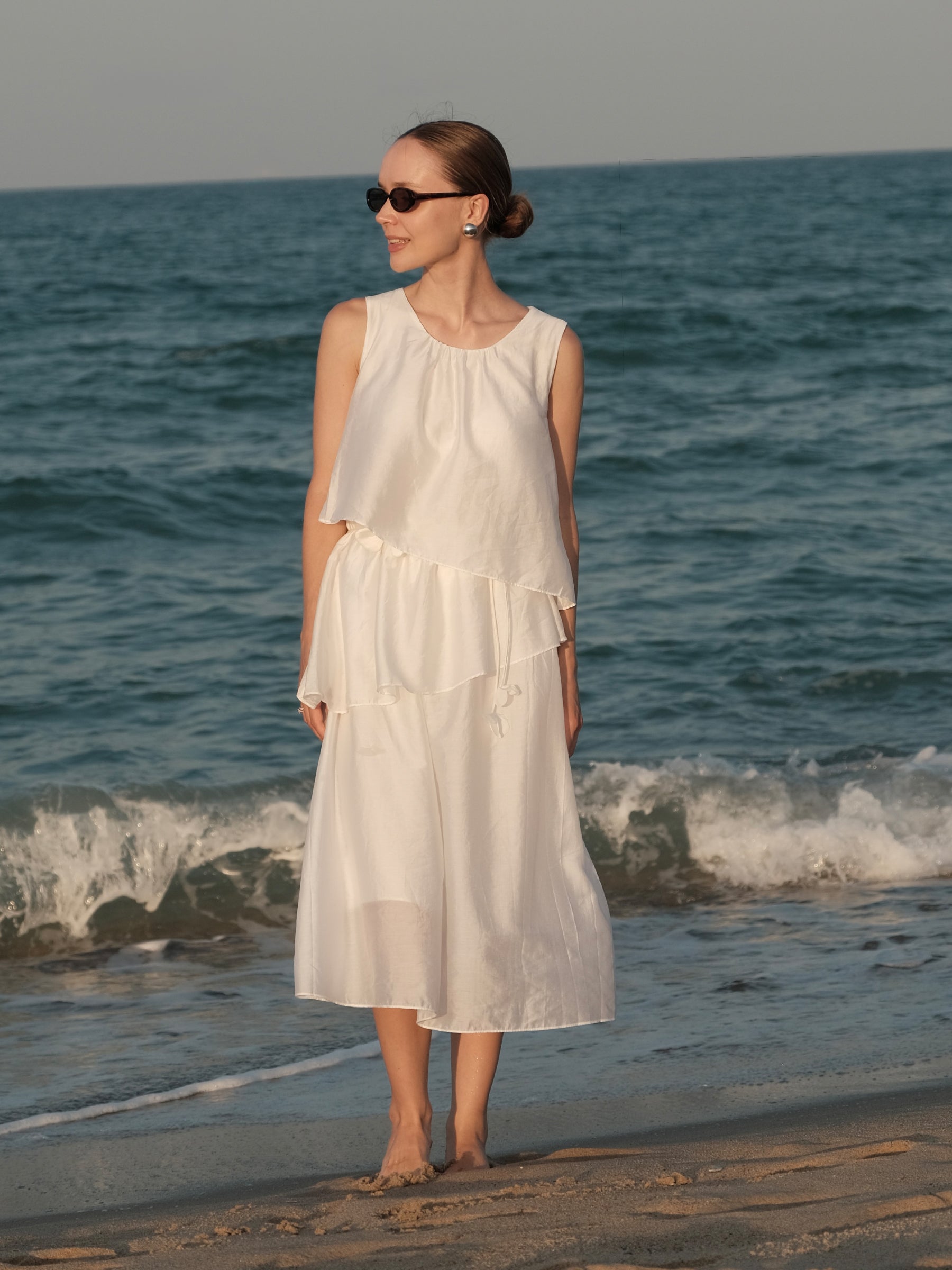 Tencel Blend Ruffle Women Tiered Sleeveless Midi Dress GOELIA