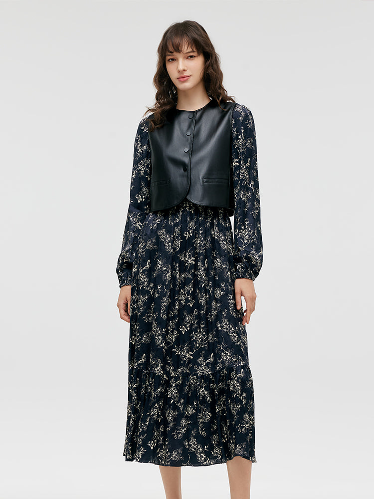 Eco-Friendly Fur Vest And Floral Print Dress Two-Piece Set GOELIA