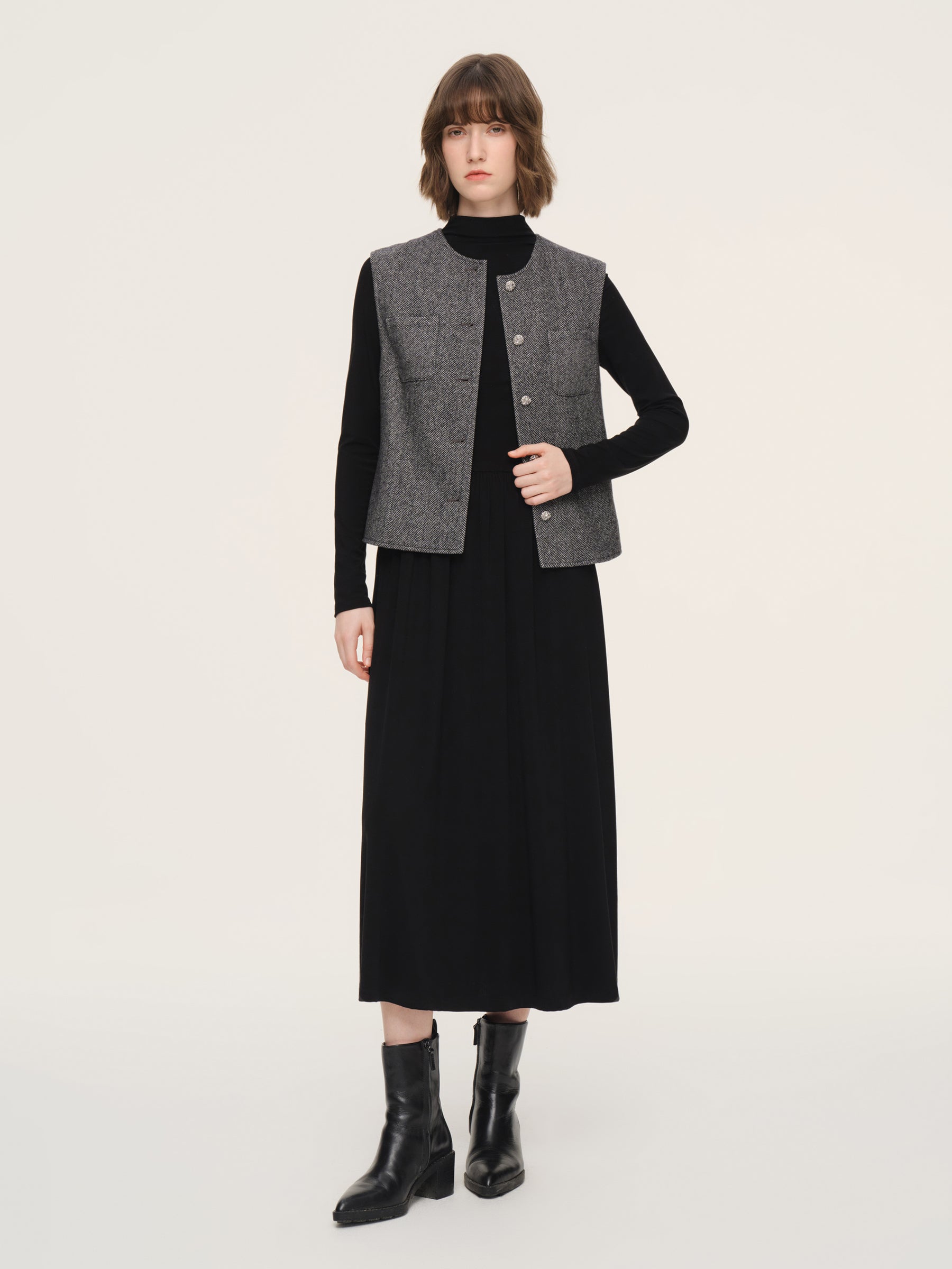 Washable Wool Vest And Knit Dress Two-Piece Set With Belt GOELIA