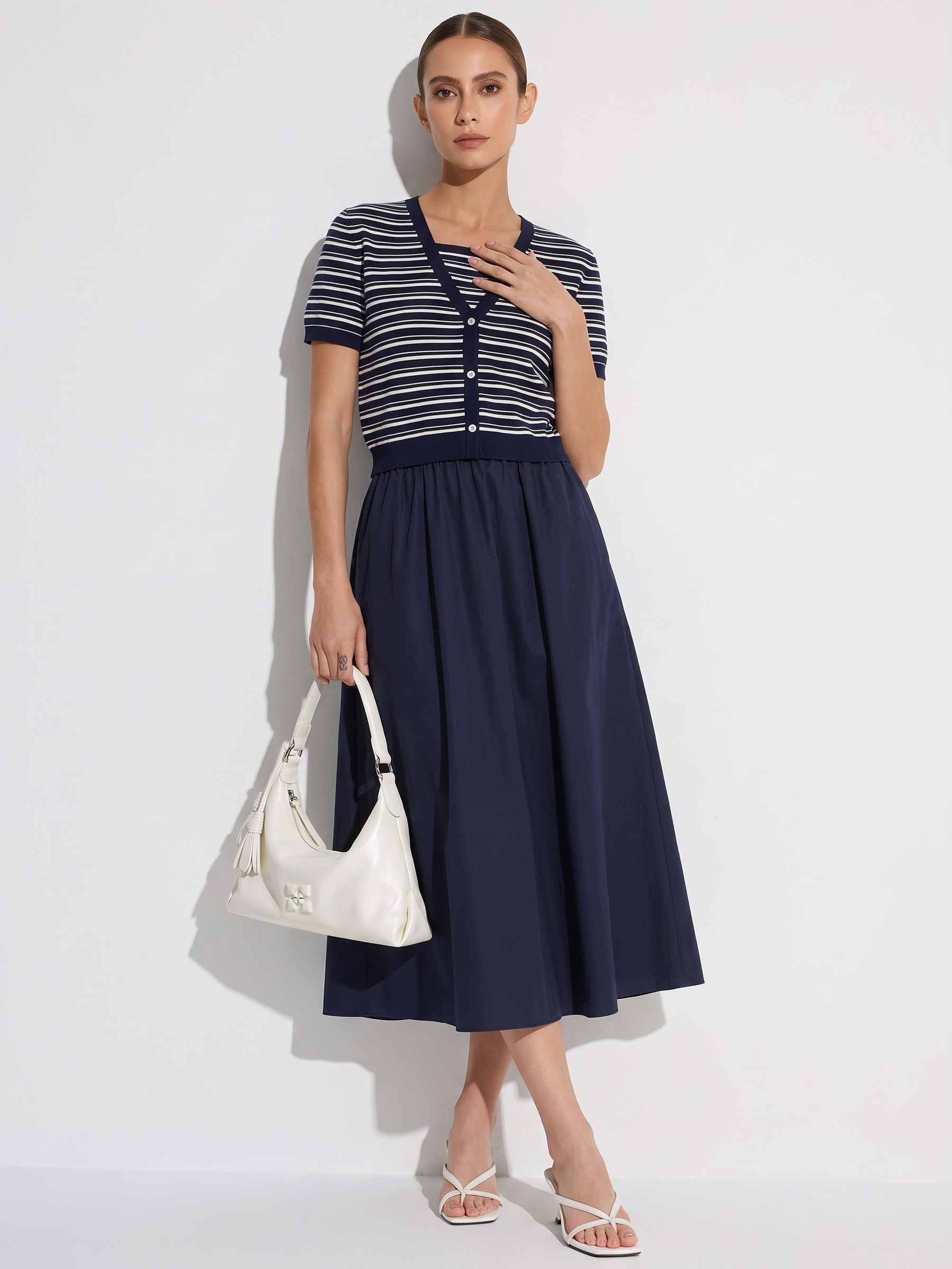 Tencel Blend Stripe Cardigan And Patchwork Strap Dress Two-Piece Set GOELIA