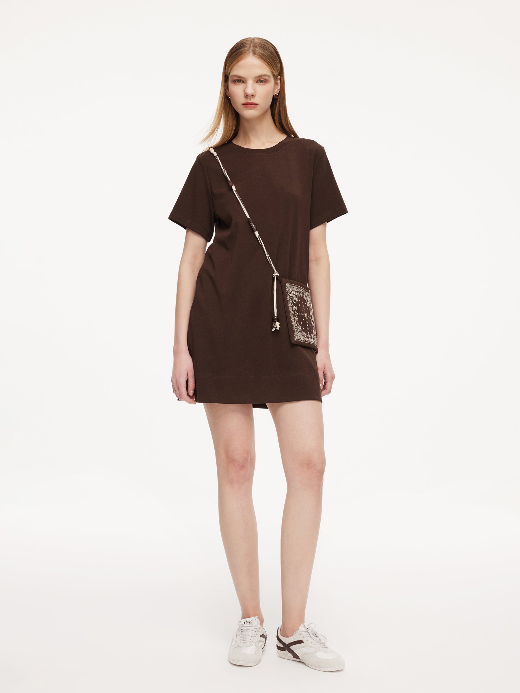 [Preview] Round Neck Women Long T-Shirt With Crossbody Bag GOELIA