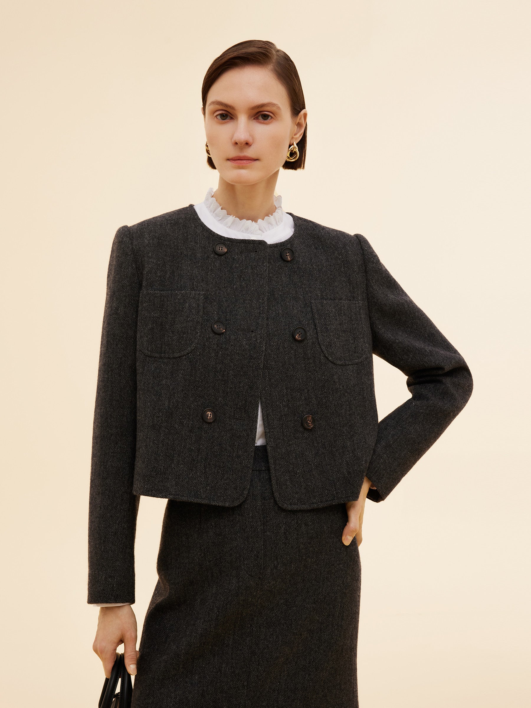100% Washable Wool Double Breasted Women Crop Jacket GOELIA