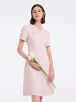 Gathered Waist Single-Breasted Sequins Tweed Mini Dress With Patch Pockets GOELIA