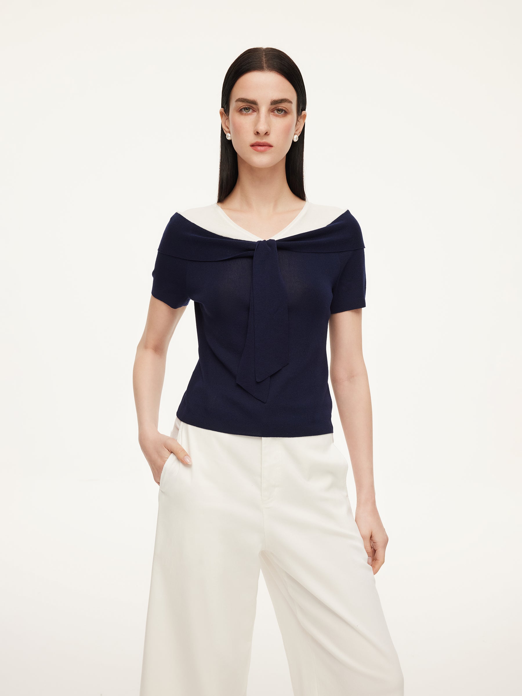 Tencel Blend Color Block Tie Front Women Knit Top GOELIA