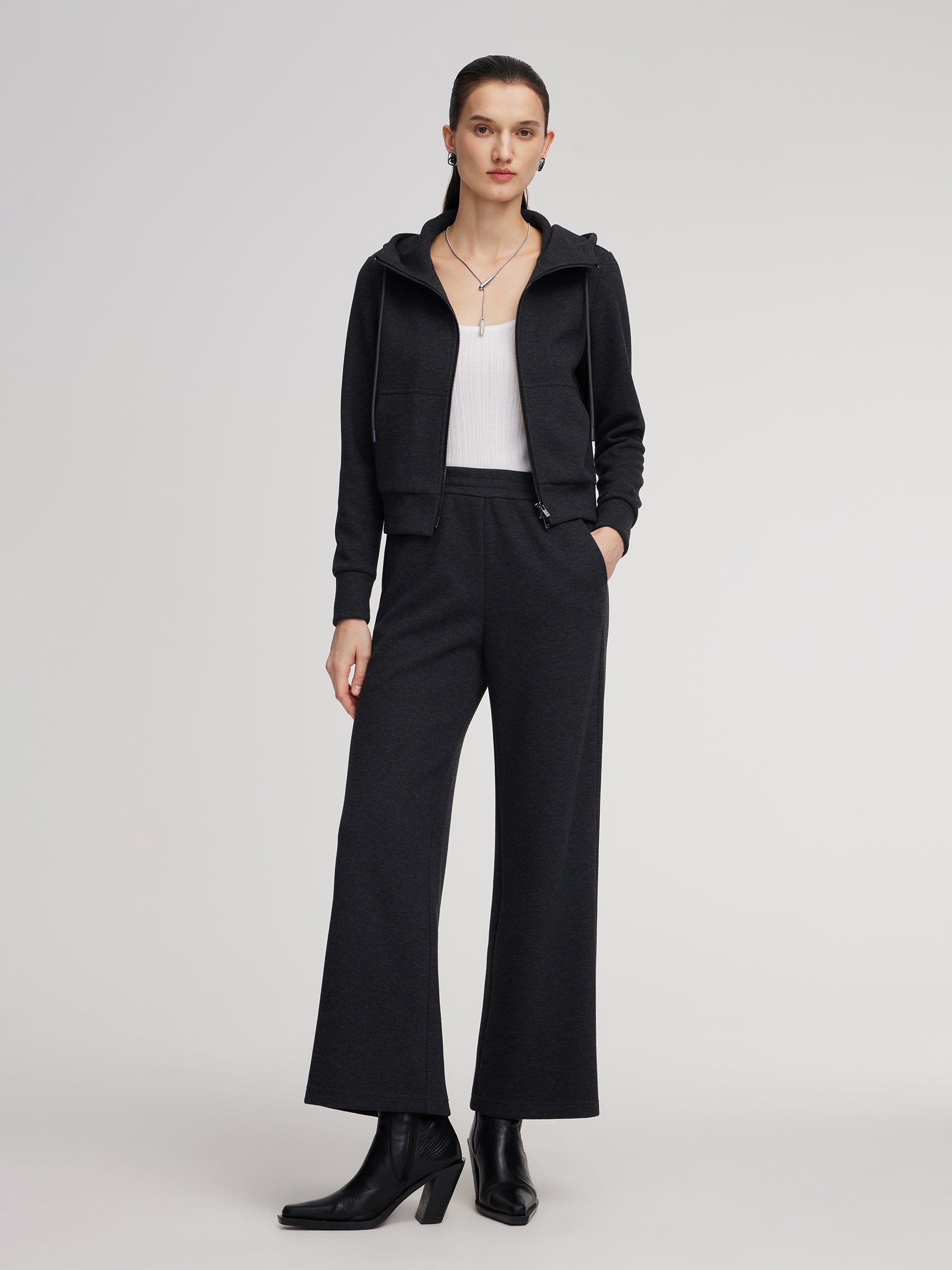 [Preview] Drawstring Hooded Zip-Up Jacket And Pants Two-Piece Set GOELIA