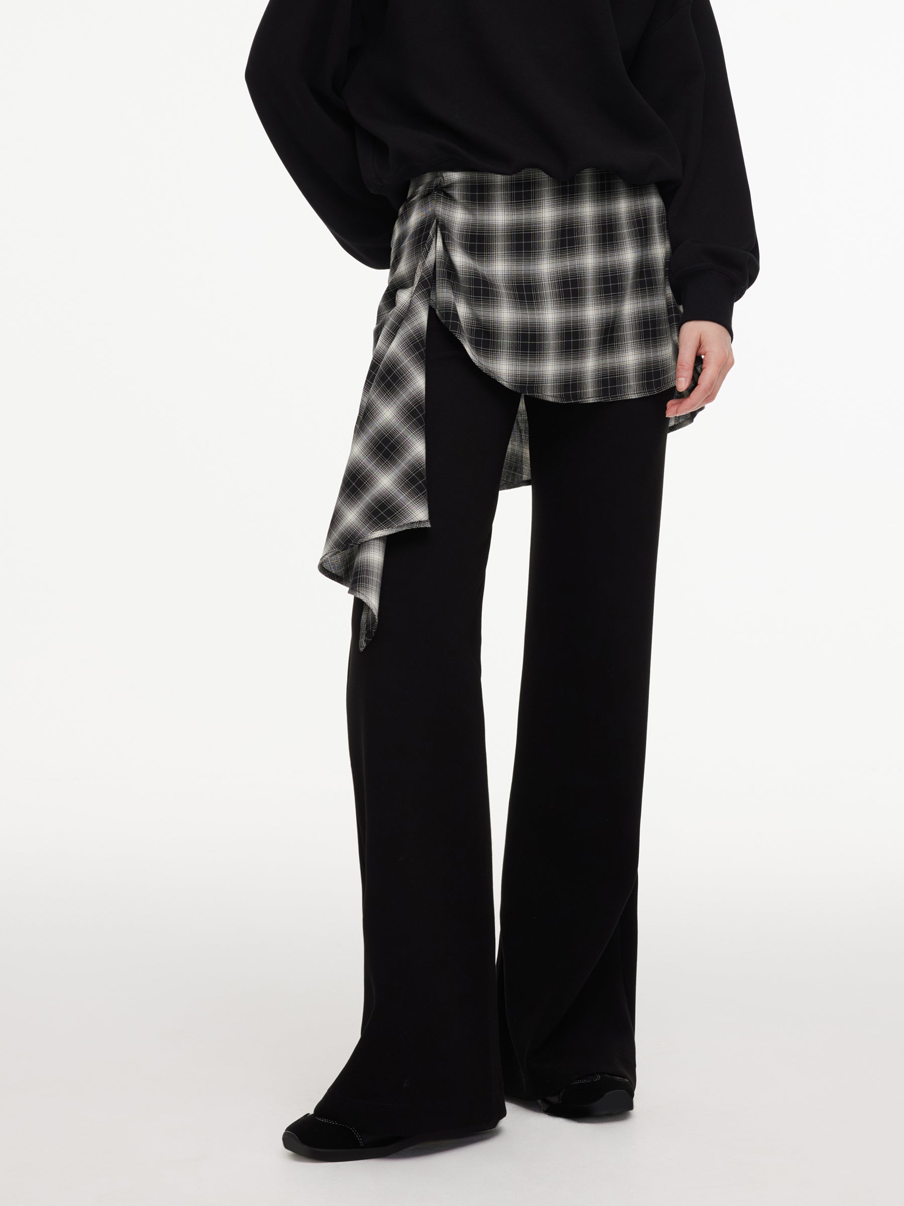 Cotton Blend Women Flared Knit Pants With Plaid Skirt GOELIA