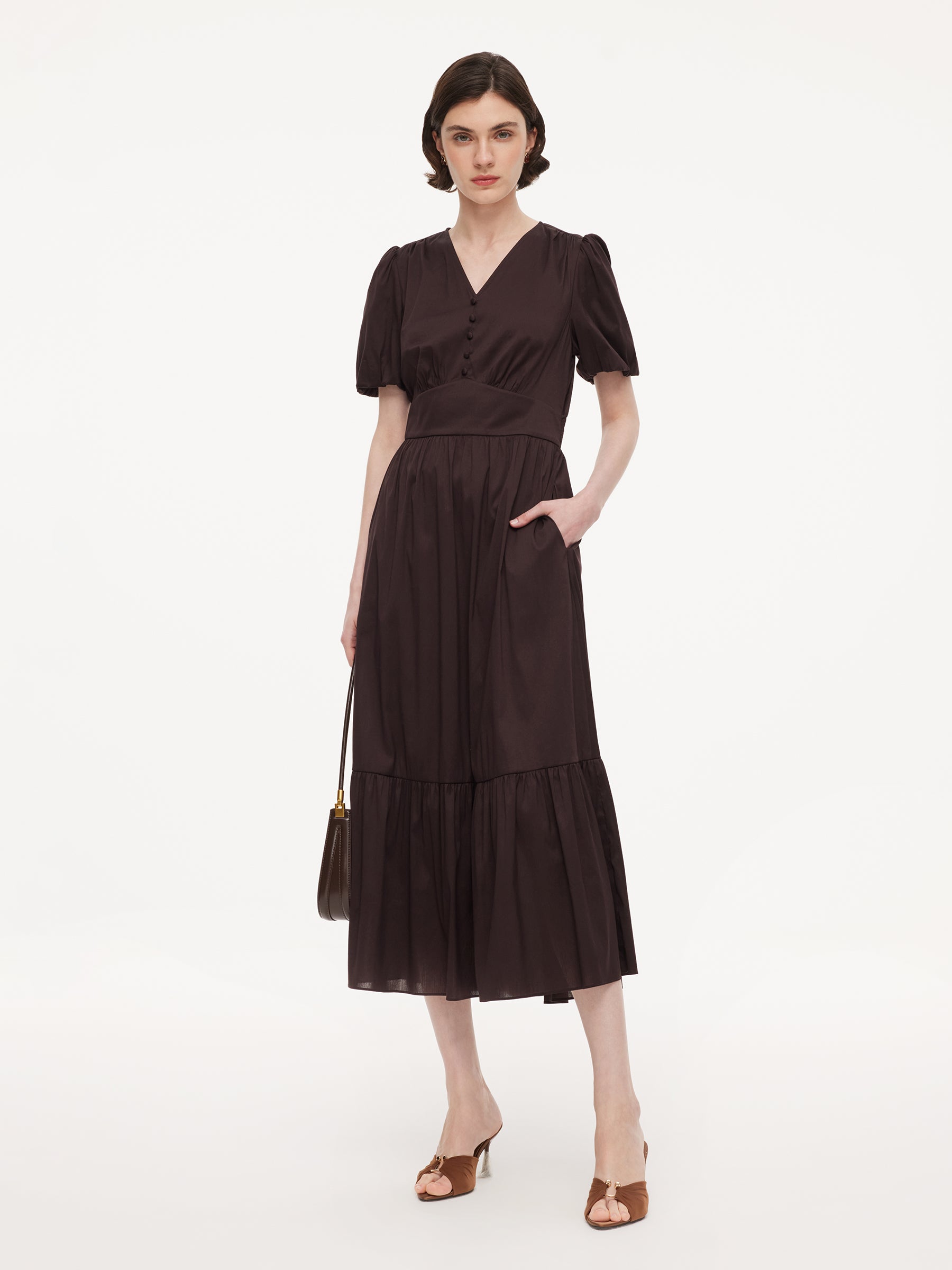 Cotton Blend V-Neck Women A-Line Tiered Maxi Dress GOELIA