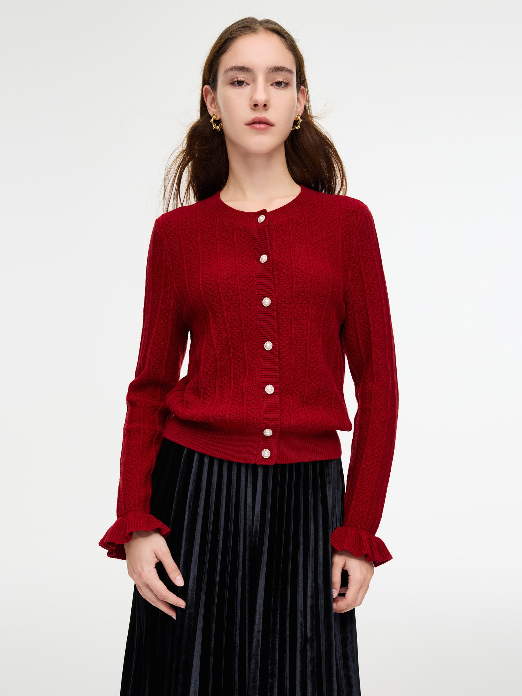 Tencel Wool Blend Ruffle Cuff Women Cardigan GOELIA