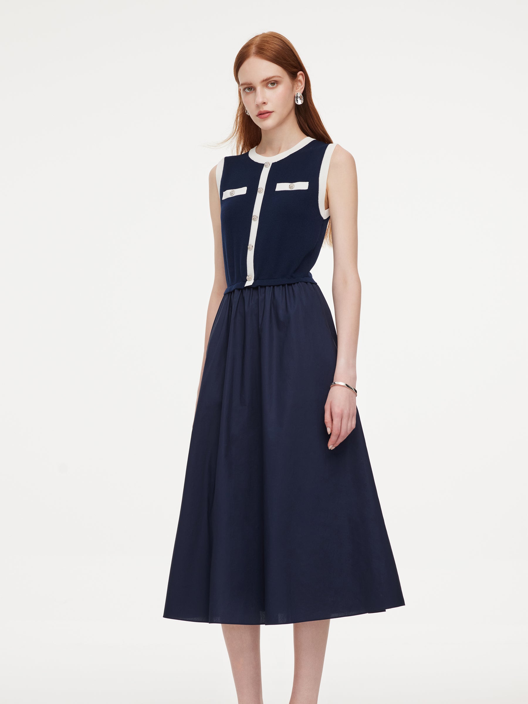 Lyocell Blend Contrast Trim Women Patchwork Sleeveless Maxi Dress GOELIA